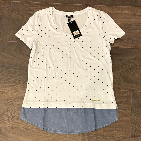 NWT Jones New York White and Black Polka Dot Short Sleeve Top w chambray hem S - Picture 1 of 5